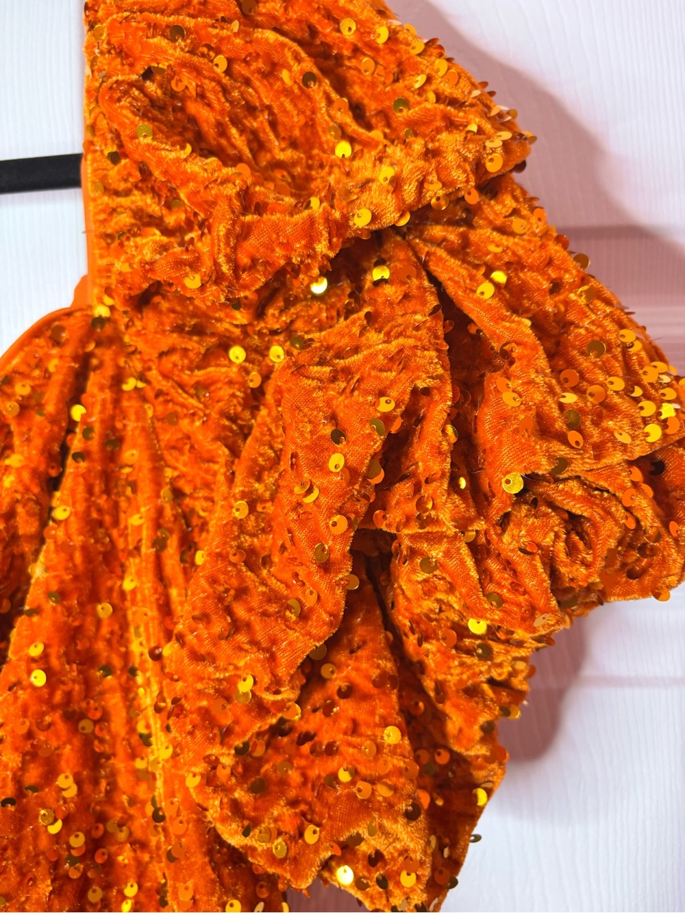 Faeriesty Plus Orange Sequin Party Dress Mesh Overlay Off Shoulder Puff Sleeve - Picture 4 of 9